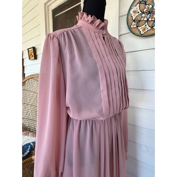 Vintage 70's Mauve Rose Maxi Dress Pleated Front Sheer Poly Chiffon Style Sz XL - Picture 13 of 16